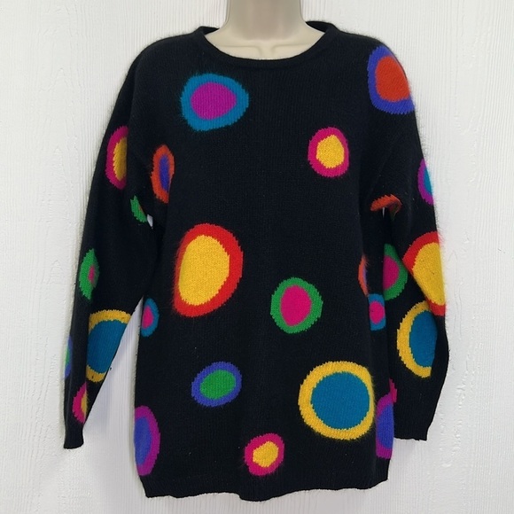 Rafaella - Vintage Rabbit Lambswool Retro Bright Circle Shapes Black Sweater SM - Picture 3 of 10